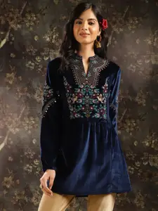 Lakshita Floral Embroidered Mandarin Collar Puff Sleeve Velvet Thread Work Kurti