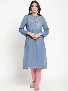 SAVI Ethnic Motifs Yoke Design Band Collar Thread Work Straight Kurta