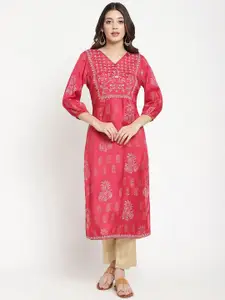 SAVI Floral Printed  Puff Sleeves Thread Work Shantoon Straight Kurta