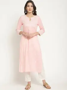 SAVI Floral Embroidered Keyhole Neck Cotton A-Line Kurta