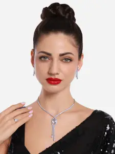 Zaveri Pearls Silver-Plated Cubic Zirconia-Studded Lariat Necklace Earring & Ring Set