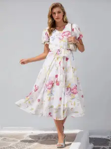 Marie Claire Floral Printed V-Neck Puff Sleeves Belted Georgette Fit & Flare Midi Dress