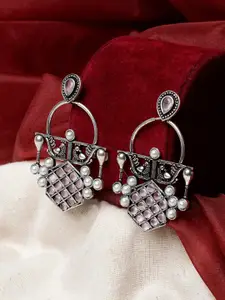 TEEJH Silver-Plated Beaded Oxidised Drop Earrings