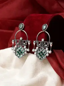 TEEJH Silver-Plated Oxidised Contemporary Drop Earrings