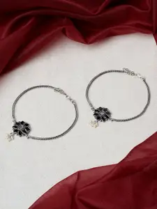 TEEJH Silver-Plated Stones-Studded & Beaded Oxidised Anklets