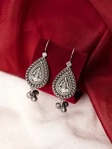 TEEJH Silver-Plated Oxidised Contemporary Drop Earrings