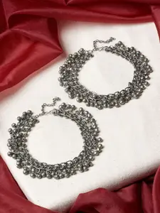 TEEJH Silver-Plated Oxidised Anklets