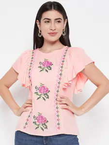 Ruhaans Floral Embroidered Flutter Sleeves Top