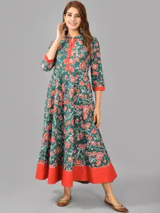 AAYUMI Floral Printed Mandarin Collar Cotton Maxi Ethnic Dress