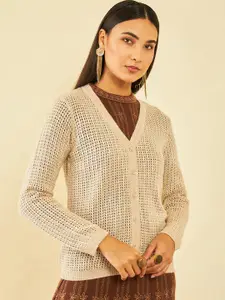 Soch Self Design Open Knit Round Neck Acrylic Cardigan Sweater