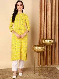 AHIKA Yellow Floral Printed Mandarin Collar Thread Work Detailed Cotton Straight Kurta