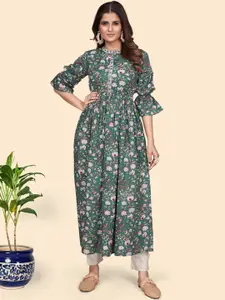 Vbuyz Floral Printed Puff Sleeve Thread Work Cotton Pleated A-Line Kurta