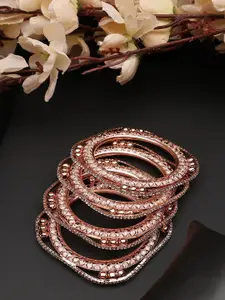ANIKAS CREATION Set Of 4 Rose Gold-Plated CZ Studded Bangle Style Bracelet