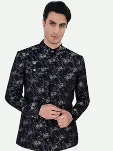 FRENCH CROWN Floral Woven Design Mandarin Collar Long Sleeves Bandhgala Blazer