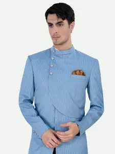 FRENCH CROWN Striped Mandarin Collar Long Sleeves Woollen Bandhgala Blazer