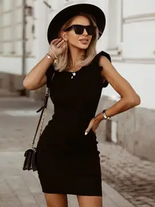 StyleCast Black Cap Sleeves Ruffled Bodycon Dress