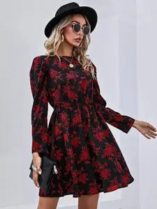 StyleCast Black & Red Floral Printed Fit & Flare Dress