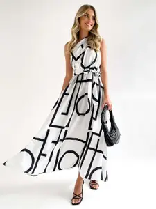 StyleCast White & Black Geometric Printed One Shoulder Gathered Maxi Fit & Flare Dress