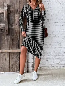 StyleCast Black Striped Long Sleeves Hooded T-shirt Midi Dress