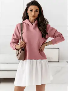 StyleCast Pink Colourblocked Hooded Cuffed Sleeves Drop-Waist Dress