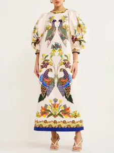 StyleCast White Ethnic Motifs Printed Puffed Sleeves A-Line Midi Dress