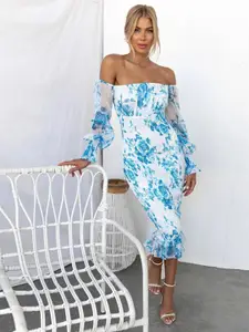 StyleCast Blue & White Printed Off-Shoulder Puff Sleeves Smocked Gathered Sheath Dress