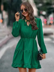 StyleCast Green Tie-Up Neck Puff Sleeve Gathered Fit & Flare Dress