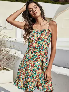 StyleCast Green & Yellow Floral Printed Ruffled Fit & Flare Dress