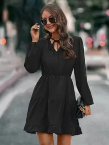 StyleCast Tie-Up Neck Puff Sleeves Fit & Flare Tiered Dress