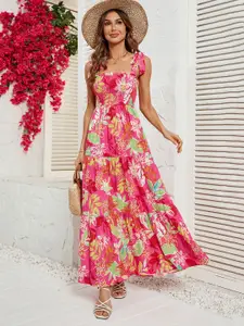 StyleCast Red Floral Printed Shoulder Straps Smocked Tiered Maxi Dress