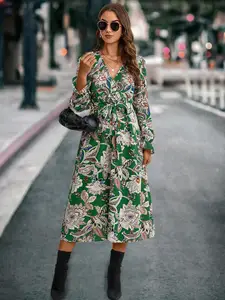StyleCast Green White Floral Printed Tie-Up A-Line Midi Dress