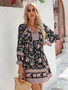 StyleCast Black & Pink Floral Print Puff Sleeve A-Line Dress