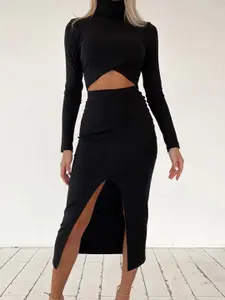 StyleCast Black Striped High Neck Crop Top With Skirt