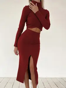 StyleCast Maroon Striped Turtle Neck Crop Top With Skirt