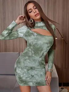 StyleCast Green Tie & Dye Printed High Neck Cut-Outs Sheath Dress