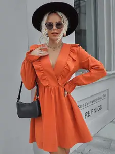 StyleCast Orange Ruffles Puff Sleeve Fit & Flare Mini Dress