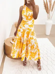 StyleCast Yellow Floral Printed One Shoulder Fit & Flare Midi Dress