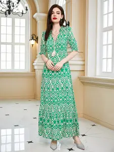 StyleCast Green Ethnic Motif Printed Puff Sleeves Maxi Dress