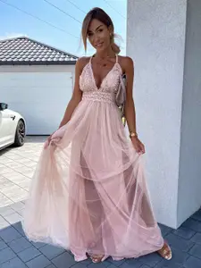StyleCast Pink Self Design Shoulder Straps Maxi Dress