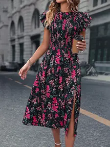 StyleCast Black & Pink Floral Printed Flutter Sleeves Midi Fit & Flare Dress