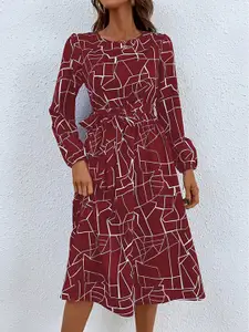 StyleCast Maroon Abstract Printed Tie Ups A-Line Midi Dress