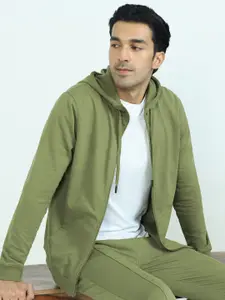 XYXX Men Regular Fit Solid Olive Green Hooded Jacket