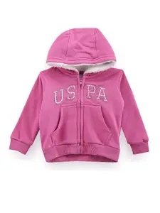 U.S. Polo Assn. Kids Girls Typography Printed Hooded Sweatshirt