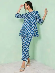 Styli Ethnic Motifs Printed Pure Cotton A-Line Top With Trousers