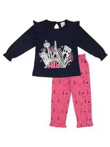 Clothe Funn Girls Graphic Printed Pure Cotton T-shirt With Trousers