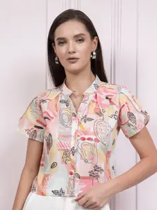 Athena Immutable Graphic Printed Mandarin Collar Linen Shirt Style Top