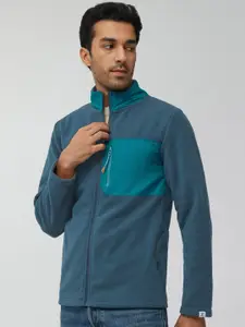 XYXX Men Regular Fit Colorblock Sea Blue Winter Fleece Jacket