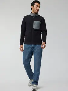 XYXX Men Regular Fit Colorblock Pitch Black Winter Fleece Jacket