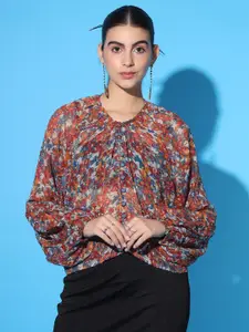 Cation Floral Printed Round Neck Puff Sleeve Blouson Top