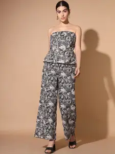 Cation Floral Printed Strapless Neck Top With Flared Trouser